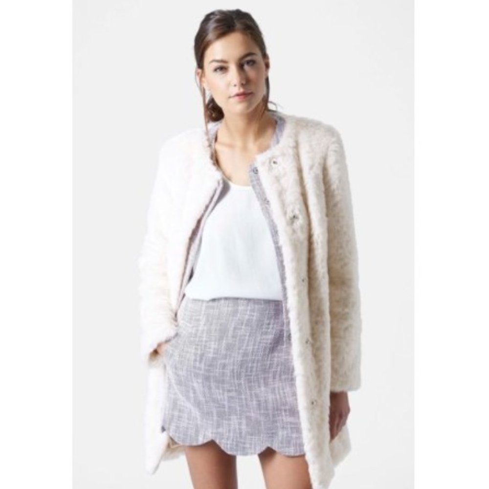 NWT Topshop Sally Cream Faux Fur Collarless Coat